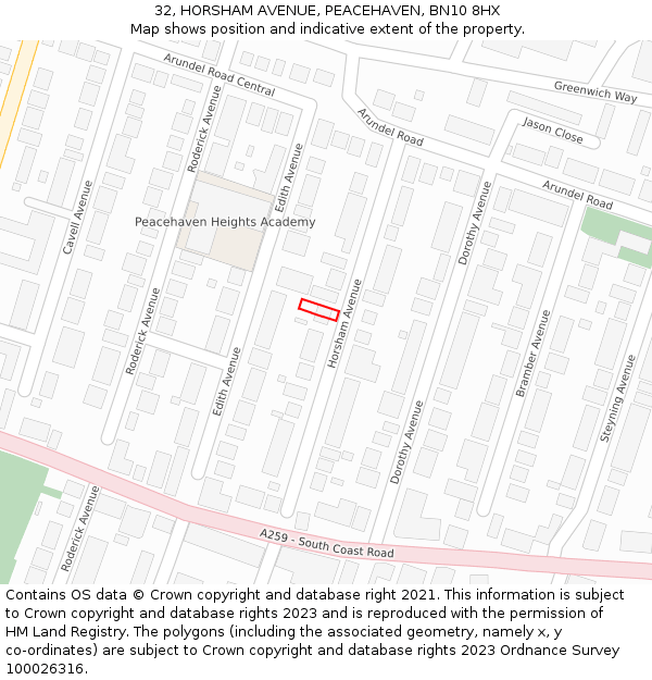 32, HORSHAM AVENUE, PEACEHAVEN, BN10 8HX: Location map and indicative extent of plot