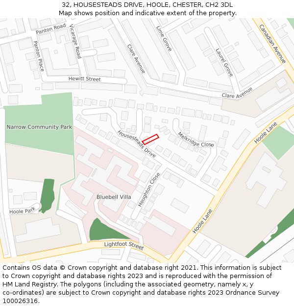 32, HOUSESTEADS DRIVE, HOOLE, CHESTER, CH2 3DL: Location map and indicative extent of plot