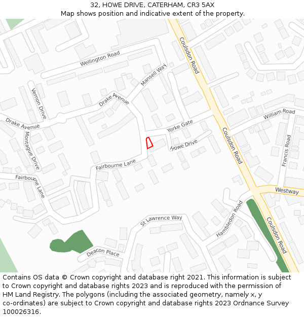 32, HOWE DRIVE, CATERHAM, CR3 5AX: Location map and indicative extent of plot