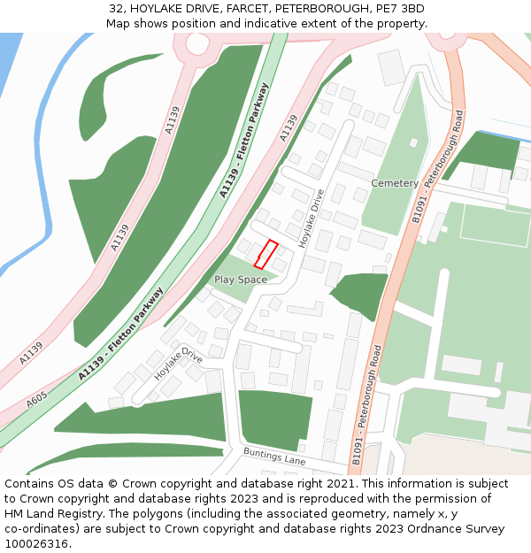 32, HOYLAKE DRIVE, FARCET, PETERBOROUGH, PE7 3BD: Location map and indicative extent of plot