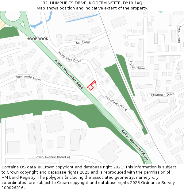 32, HUMPHRIES DRIVE, KIDDERMINSTER, DY10 1XQ: Location map and indicative extent of plot