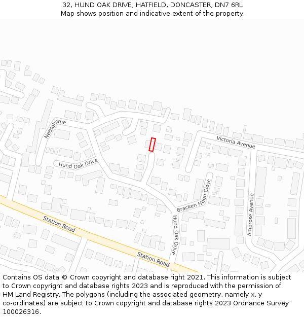 32, HUND OAK DRIVE, HATFIELD, DONCASTER, DN7 6RL: Location map and indicative extent of plot