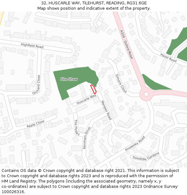 32, HUSCARLE WAY, TILEHURST, READING, RG31 6GE: Location map and indicative extent of plot