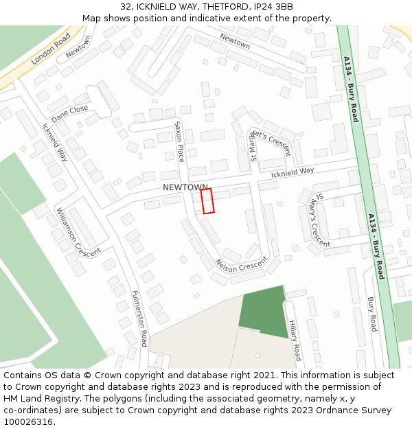 32, ICKNIELD WAY, THETFORD, IP24 3BB: Location map and indicative extent of plot