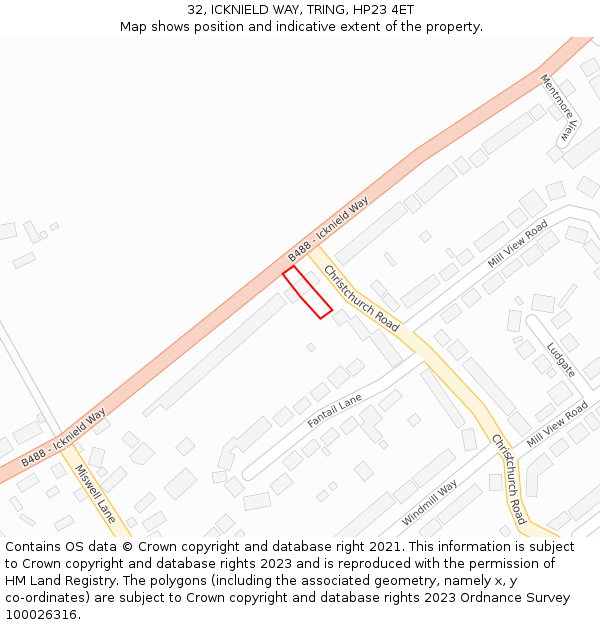 32, ICKNIELD WAY, TRING, HP23 4ET: Location map and indicative extent of plot