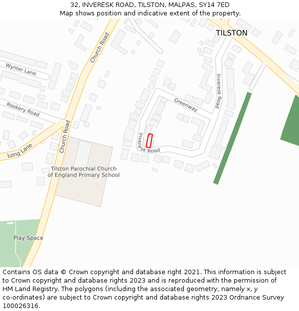 32, INVERESK ROAD, TILSTON, MALPAS, SY14 7ED: Location map and indicative extent of plot