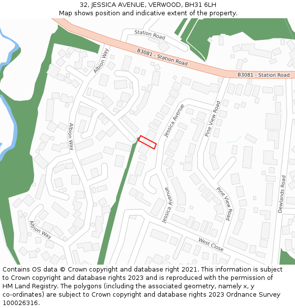 32, JESSICA AVENUE, VERWOOD, BH31 6LH: Location map and indicative extent of plot