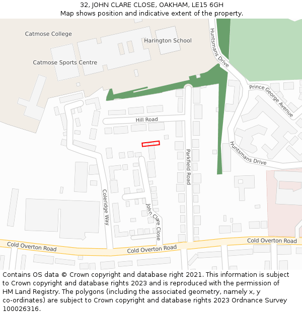 32, JOHN CLARE CLOSE, OAKHAM, LE15 6GH: Location map and indicative extent of plot