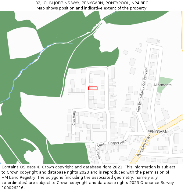 32, JOHN JOBBINS WAY, PENYGARN, PONTYPOOL, NP4 8EG: Location map and indicative extent of plot