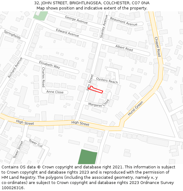 32, JOHN STREET, BRIGHTLINGSEA, COLCHESTER, CO7 0NA: Location map and indicative extent of plot