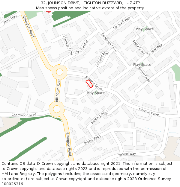 32, JOHNSON DRIVE, LEIGHTON BUZZARD, LU7 4TP: Location map and indicative extent of plot
