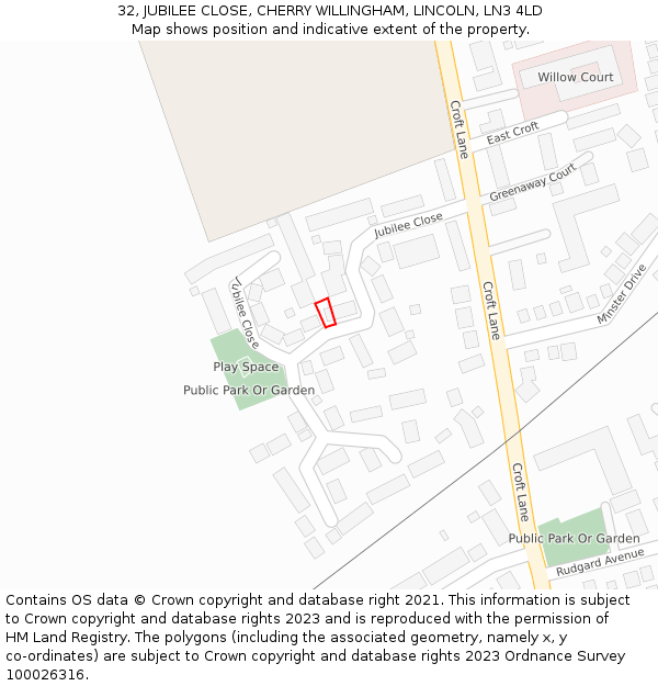 32, JUBILEE CLOSE, CHERRY WILLINGHAM, LINCOLN, LN3 4LD: Location map and indicative extent of plot