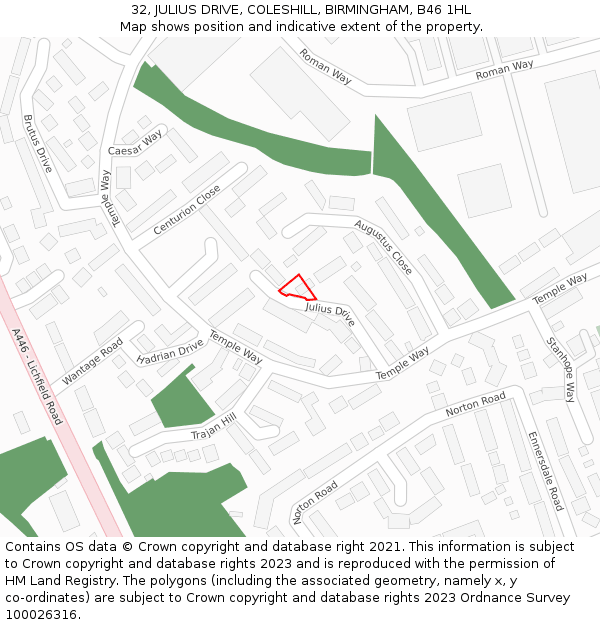 32, JULIUS DRIVE, COLESHILL, BIRMINGHAM, B46 1HL: Location map and indicative extent of plot