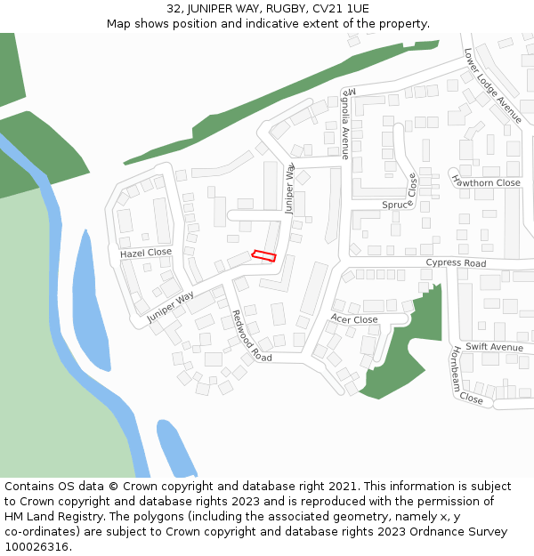 32, JUNIPER WAY, RUGBY, CV21 1UE: Location map and indicative extent of plot
