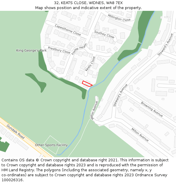 32, KEATS CLOSE, WIDNES, WA8 7EX: Location map and indicative extent of plot