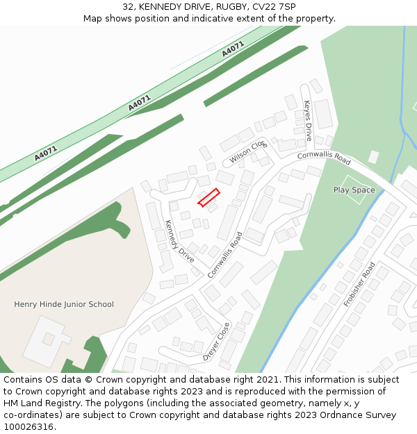 32, KENNEDY DRIVE, RUGBY, CV22 7SP: Location map and indicative extent of plot