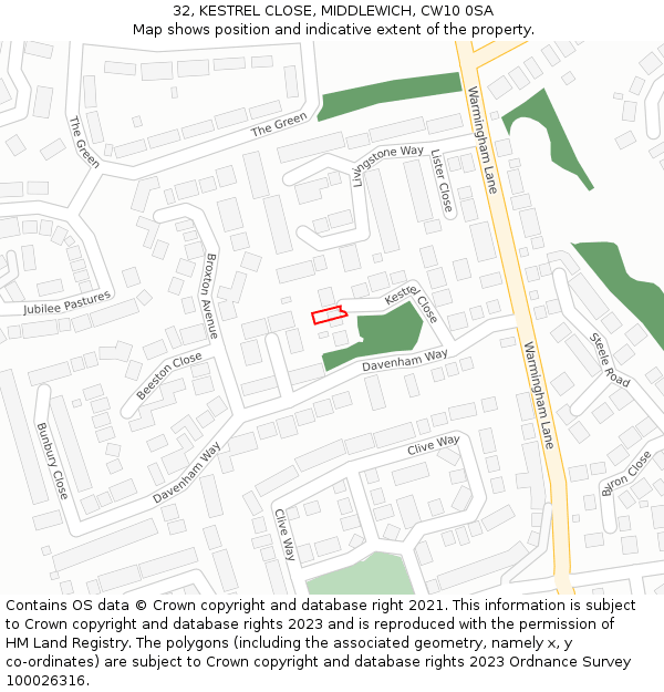 32, KESTREL CLOSE, MIDDLEWICH, CW10 0SA: Location map and indicative extent of plot