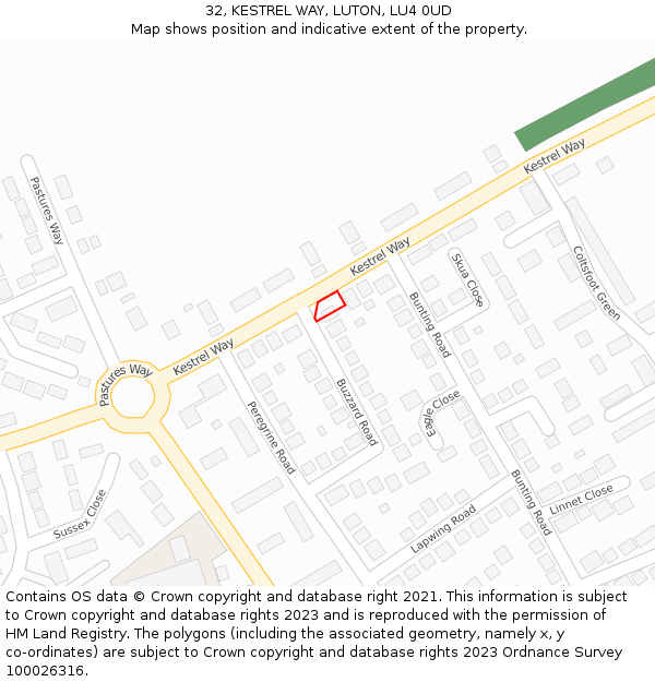 32, KESTREL WAY, LUTON, LU4 0UD: Location map and indicative extent of plot