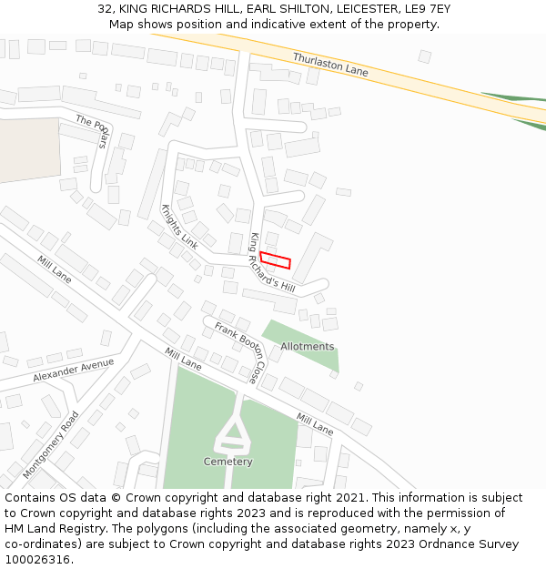 32, KING RICHARDS HILL, EARL SHILTON, LEICESTER, LE9 7EY: Location map and indicative extent of plot