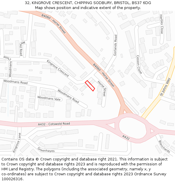 32, KINGROVE CRESCENT, CHIPPING SODBURY, BRISTOL, BS37 6DG: Location map and indicative extent of plot