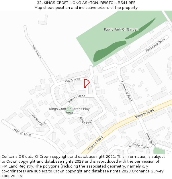 32, KINGS CROFT, LONG ASHTON, BRISTOL, BS41 9EE: Location map and indicative extent of plot