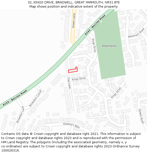 32, KINGS DRIVE, BRADWELL, GREAT YARMOUTH, NR31 8TE: Location map and indicative extent of plot