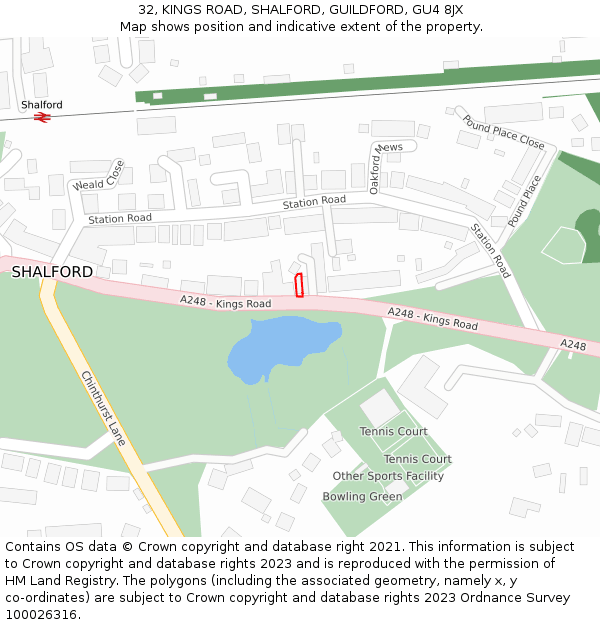 32, KINGS ROAD, SHALFORD, GUILDFORD, GU4 8JX: Location map and indicative extent of plot