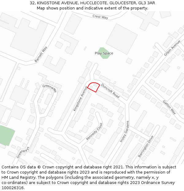 32, KINGSTONE AVENUE, HUCCLECOTE, GLOUCESTER, GL3 3AR: Location map and indicative extent of plot