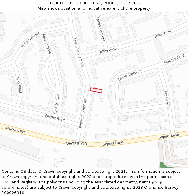 32, KITCHENER CRESCENT, POOLE, BH17 7HU: Location map and indicative extent of plot