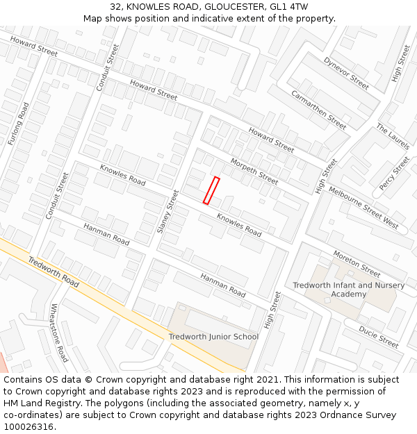 32, KNOWLES ROAD, GLOUCESTER, GL1 4TW: Location map and indicative extent of plot