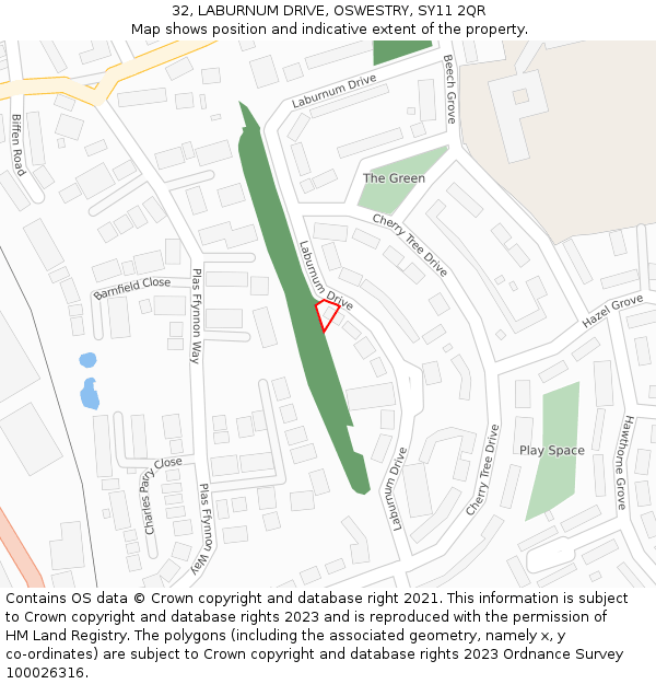 32, LABURNUM DRIVE, OSWESTRY, SY11 2QR: Location map and indicative extent of plot