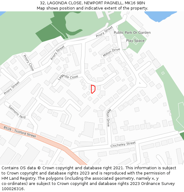 32, LAGONDA CLOSE, NEWPORT PAGNELL, MK16 9BN: Location map and indicative extent of plot