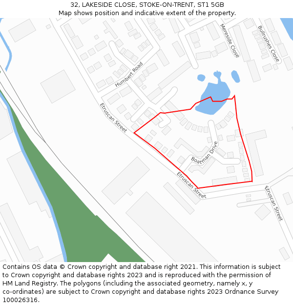 32, LAKESIDE CLOSE, STOKE-ON-TRENT, ST1 5GB: Location map and indicative extent of plot