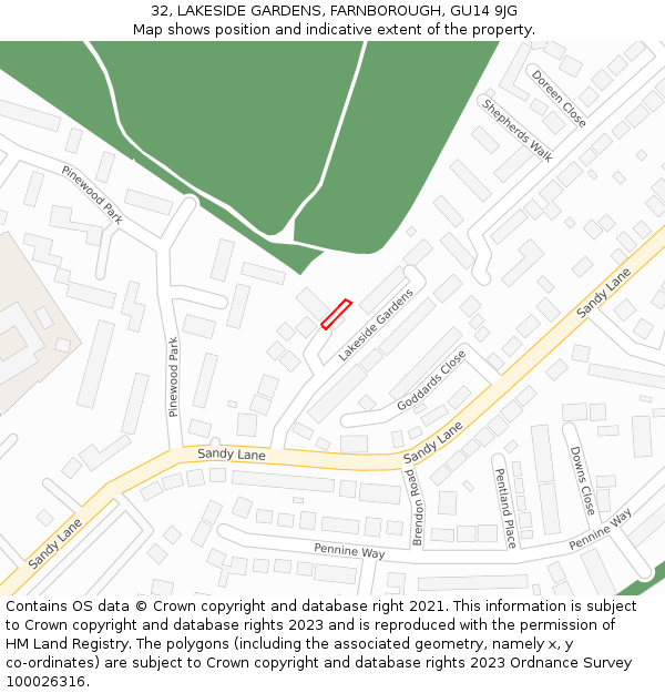 32, LAKESIDE GARDENS, FARNBOROUGH, GU14 9JG: Location map and indicative extent of plot