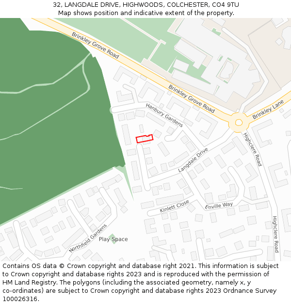 32, LANGDALE DRIVE, HIGHWOODS, COLCHESTER, CO4 9TU: Location map and indicative extent of plot