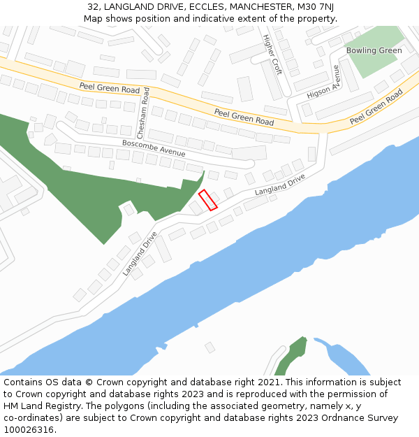 32, LANGLAND DRIVE, ECCLES, MANCHESTER, M30 7NJ: Location map and indicative extent of plot