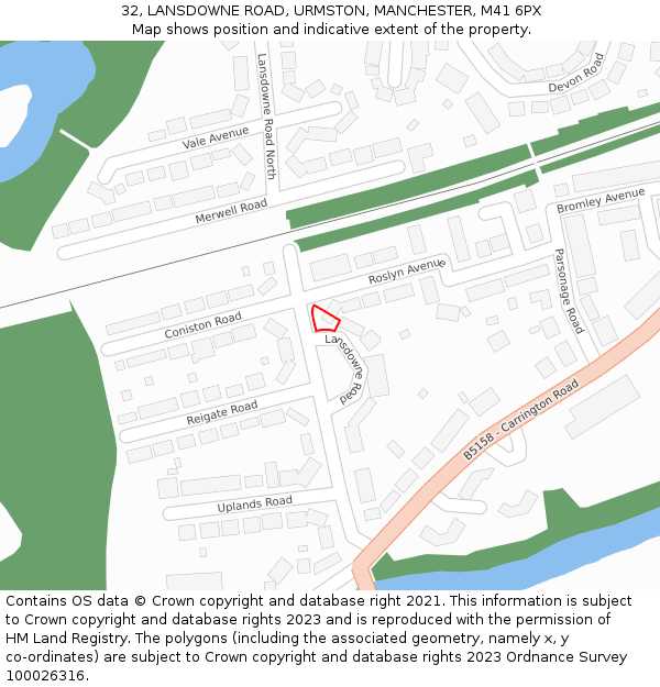 32, LANSDOWNE ROAD, URMSTON, MANCHESTER, M41 6PX: Location map and indicative extent of plot