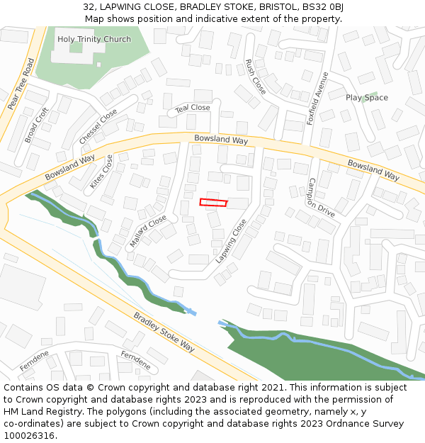 32, LAPWING CLOSE, BRADLEY STOKE, BRISTOL, BS32 0BJ: Location map and indicative extent of plot