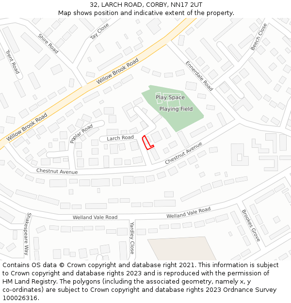 32, LARCH ROAD, CORBY, NN17 2UT: Location map and indicative extent of plot