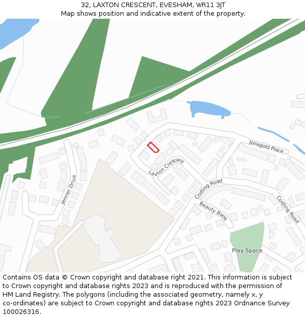 32, LAXTON CRESCENT, EVESHAM, WR11 3JT: Location map and indicative extent of plot