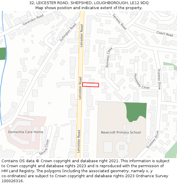 32, LEICESTER ROAD, SHEPSHED, LOUGHBOROUGH, LE12 9DQ: Location map and indicative extent of plot