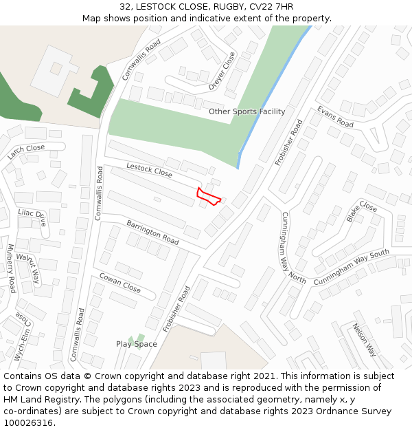 32, LESTOCK CLOSE, RUGBY, CV22 7HR: Location map and indicative extent of plot