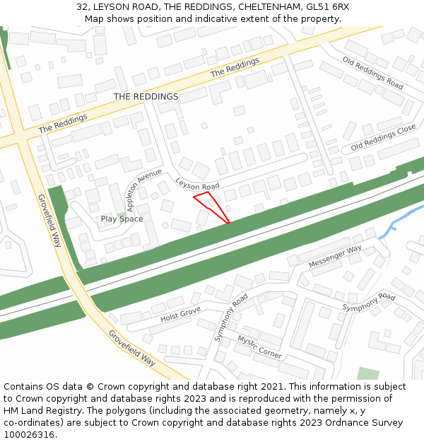 32, LEYSON ROAD, THE REDDINGS, CHELTENHAM, GL51 6RX: Location map and indicative extent of plot