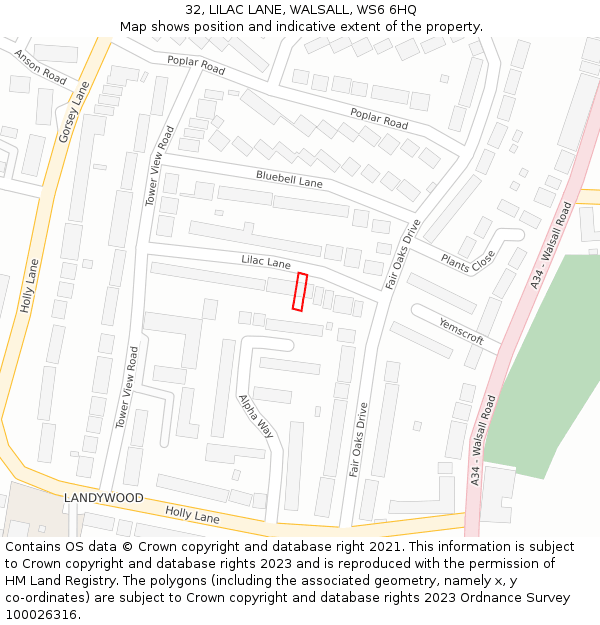 32, LILAC LANE, WALSALL, WS6 6HQ: Location map and indicative extent of plot