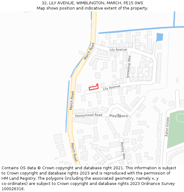 32, LILY AVENUE, WIMBLINGTON, MARCH, PE15 0WS: Location map and indicative extent of plot