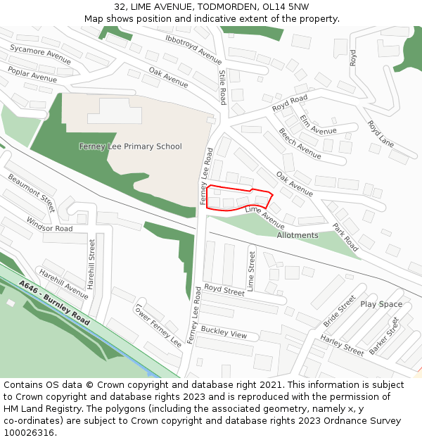 32, LIME AVENUE, TODMORDEN, OL14 5NW: Location map and indicative extent of plot