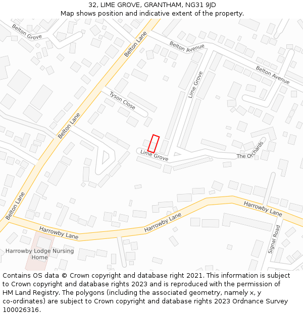 32, LIME GROVE, GRANTHAM, NG31 9JD: Location map and indicative extent of plot