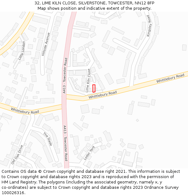 32, LIME KILN CLOSE, SILVERSTONE, TOWCESTER, NN12 8FP: Location map and indicative extent of plot