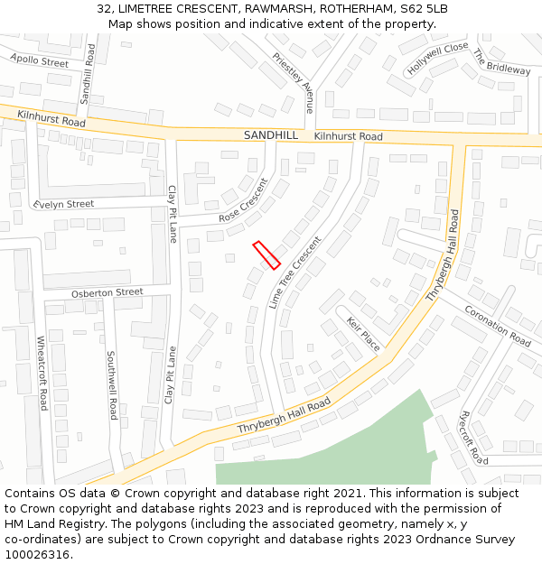 32, LIMETREE CRESCENT, RAWMARSH, ROTHERHAM, S62 5LB: Location map and indicative extent of plot