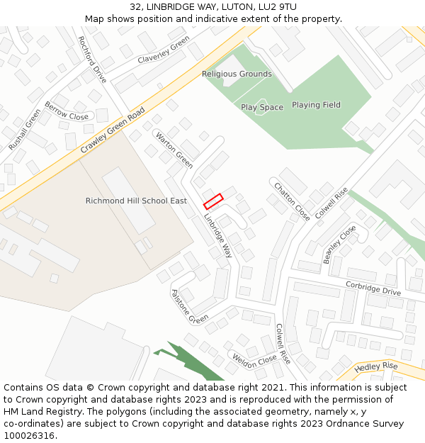 32, LINBRIDGE WAY, LUTON, LU2 9TU: Location map and indicative extent of plot